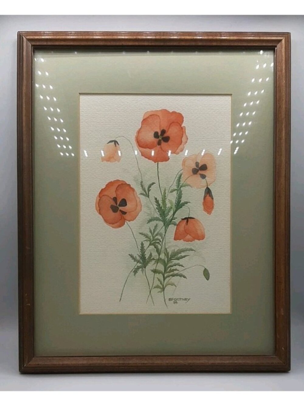 Vintage Original Watercolor Painting Poppies Signed BFortney Framed 11 x 14 In